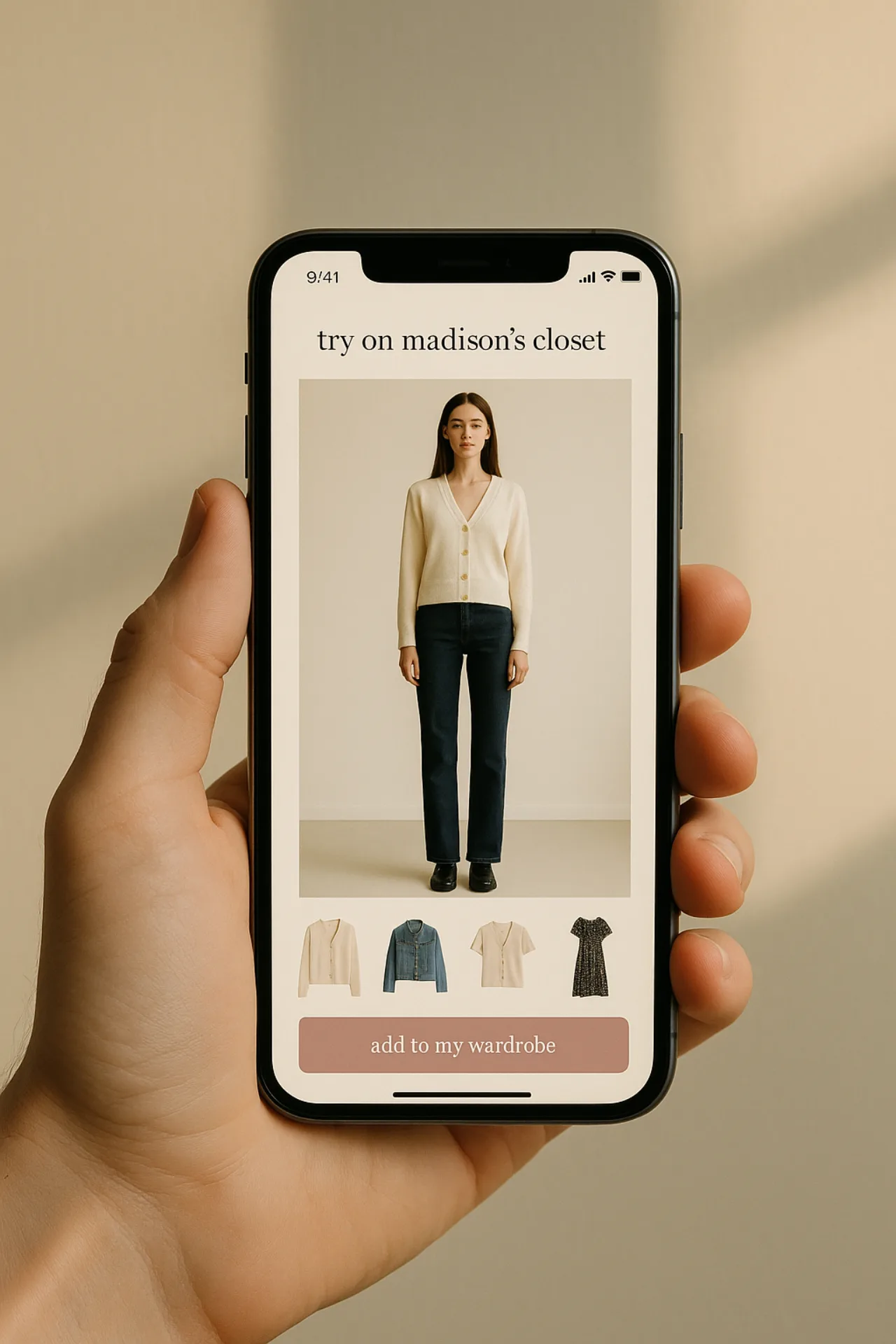 Outfitr screen — trying on Madison's cardigan via virtual try-on