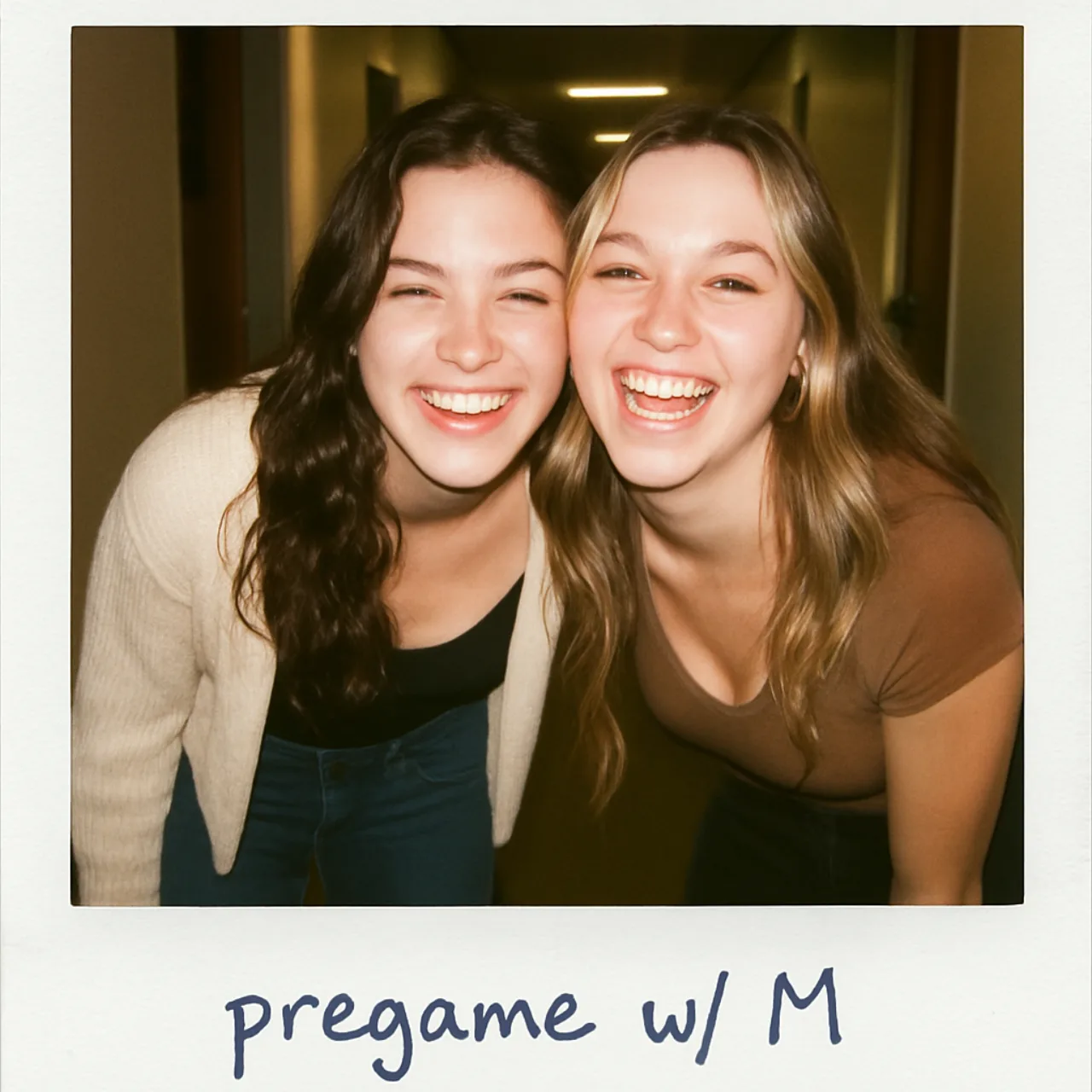 Polaroid of two friends at a dorm pregame